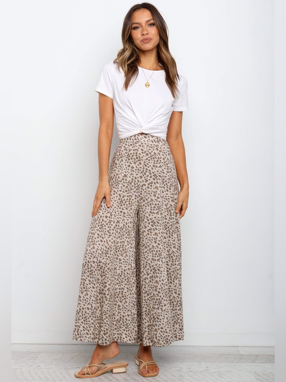 Petal & Pup Selby Leopard Wide Leg Palazzo Pants Beige Size L